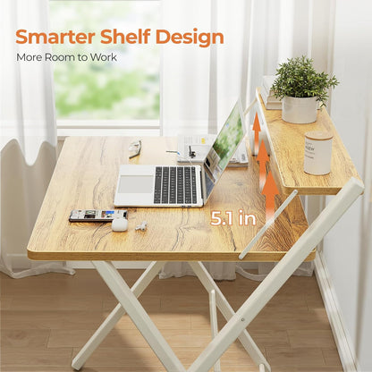 Portable Small Desk No Assembly, 2-Tier Compact Computer Desk with Shelf, Space Saving Foldable Table for Home Office, Bedroom or Apartment, Portable Collapsible Sturdy Laptop Desk, Oak