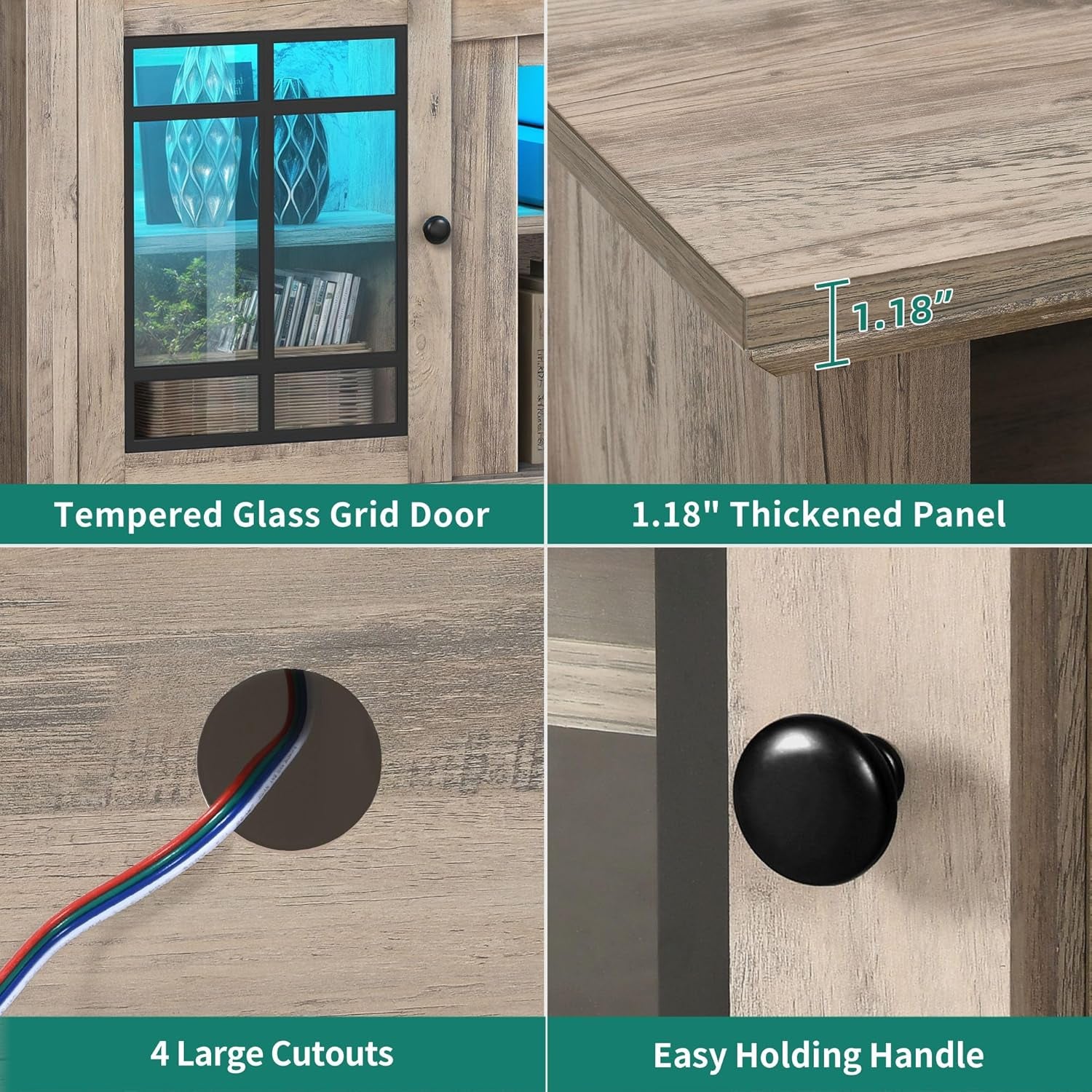 Modern TV Stand for 75 Inch TV, LED Entertainment Center with Adjustable Shelves and Glass Doors, 32'' Tall Television Stands TV Media Console Table for Living Room, Pine Grey