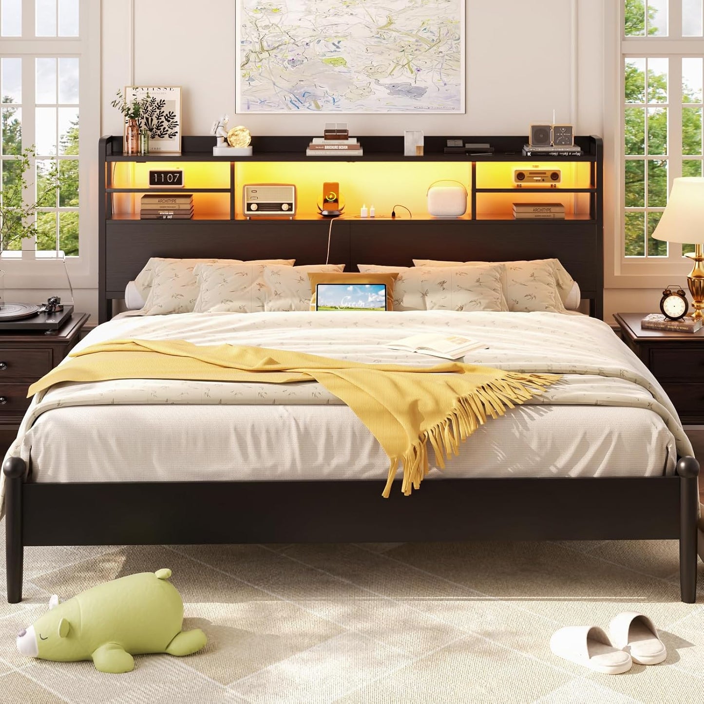 Headboard for Queen Size Bed with Storage, Headboards with LED Light, Power Outlets, USB Ports Queen Size Head Board, Wood Headboard Only Sturdy and Stable Headboards, Modern, Black