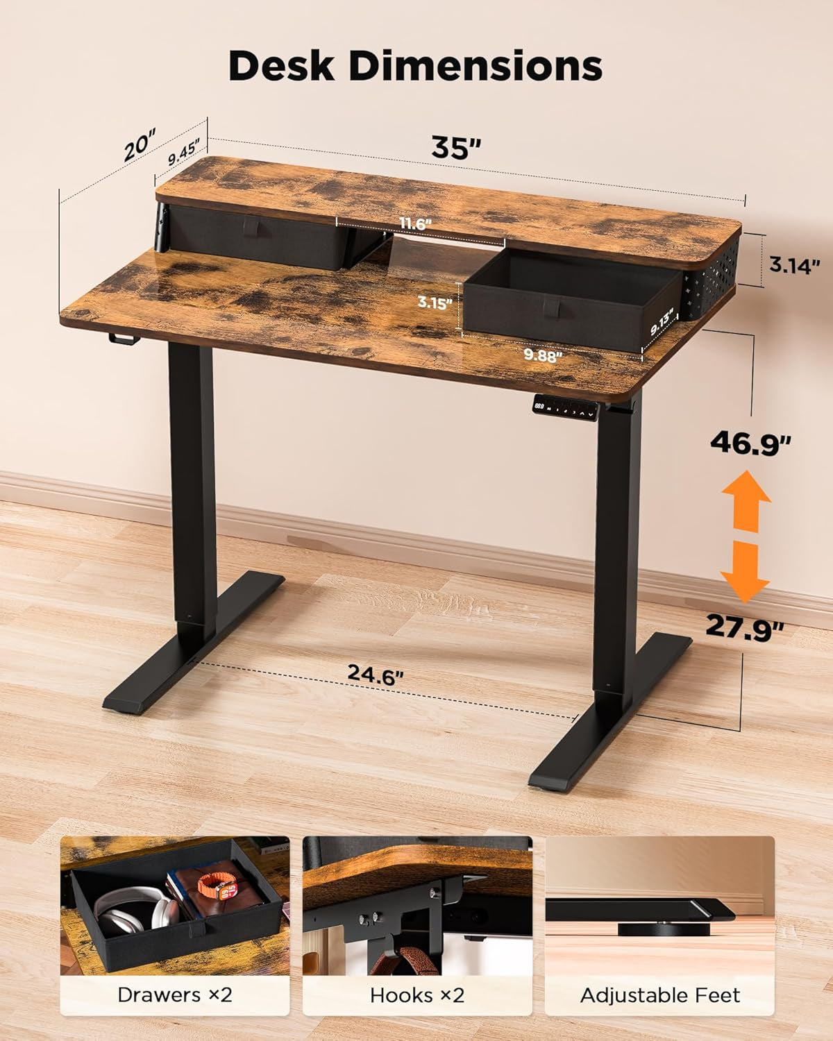Standing Desk with Drawers,C-Clamp Mount Compatible,35X20 Inch Electric Adjustable Height Computer Small Stand up Desks, Home Office Sit Stand Table with 3 Preset Heights, Rustic Brown