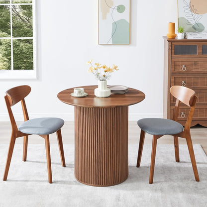 31.5" round Dining Table for 2 People, Small Kitchen Dinner Table with Fluted Wood Base, Farmhouse Circle Dining Tables for Home, Kitchen, Dining Room, Living Room (Walnut)