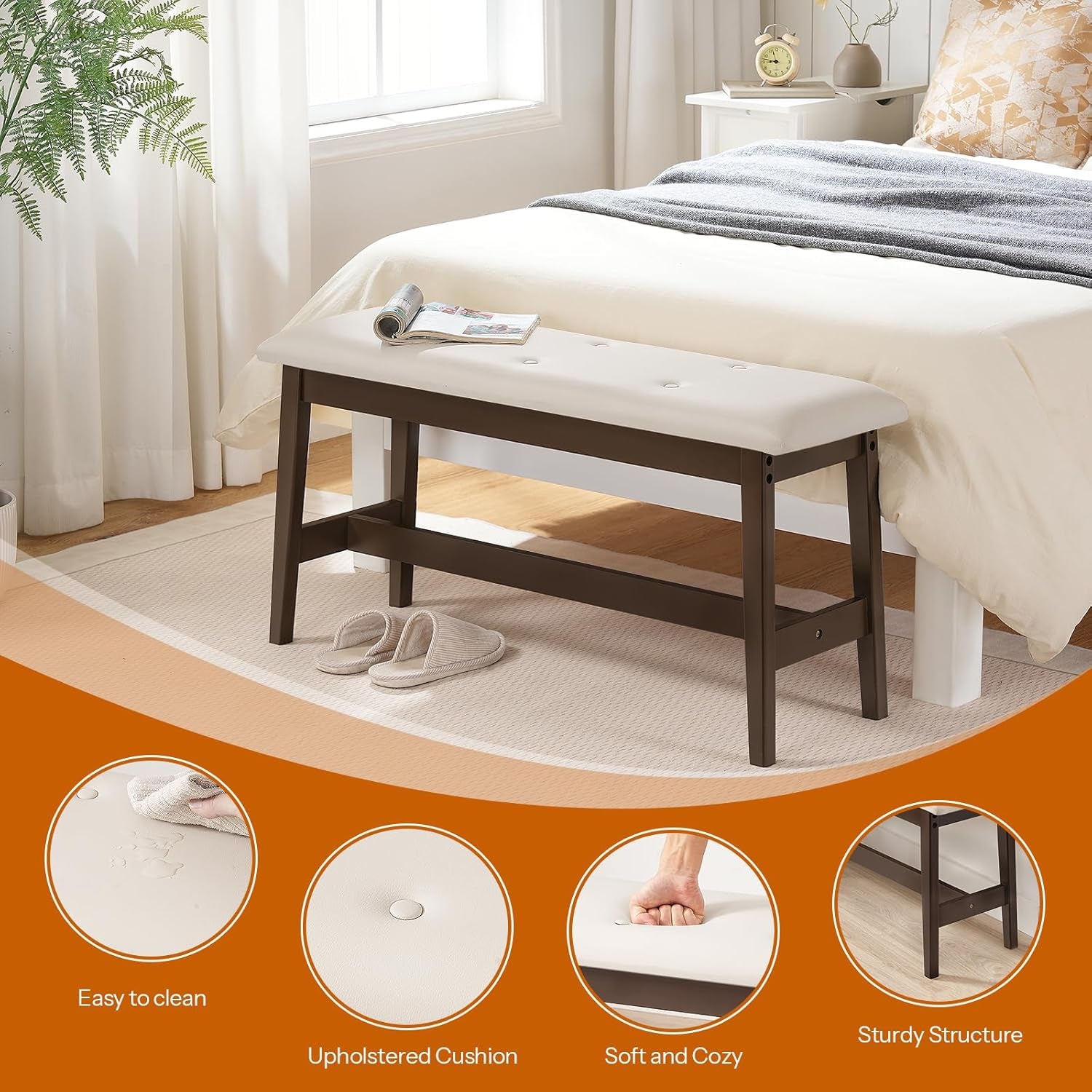 Dining Bench, Bamboo Dining Room Bench with PU Leather Upholstered Seat, for Kitchen, Living Room, Hallway, Kitchen, Entryway, Beige and Brown CE13CD01