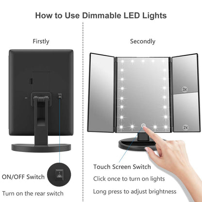 Makeup Mirror with 21 LED Lights,Two Power Supply Modes, Adjustable Touch Screen and 1X/2X/3X Magnification Tri-Fold Vanity Mirror,Chargeable Travel Cosmetic Mirror for Desktop (Black)