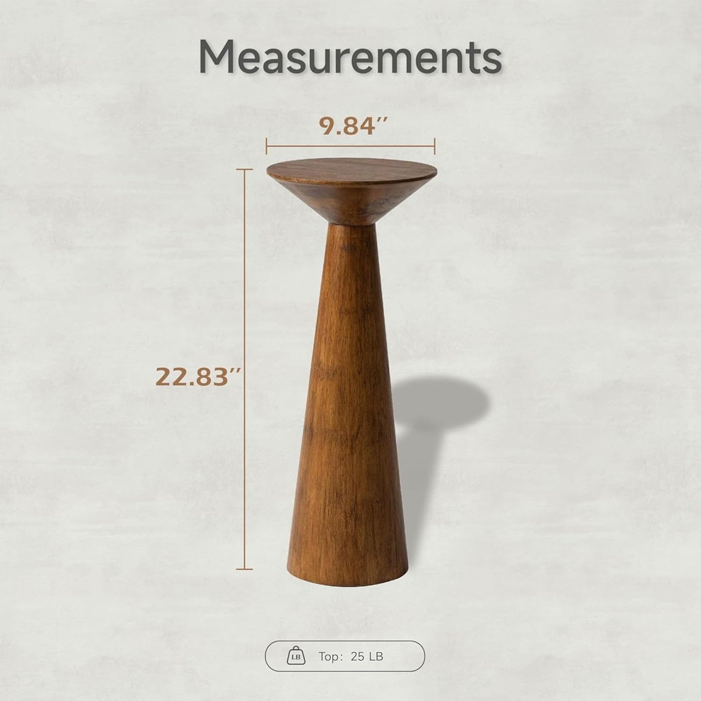 22.8” Tall round Martini End Table, Walnut – Solid Pine Wood Pedestal Accent Drink Stand with Tapered Base – Farmhouse Modern Furniture for Living Room, Bedroom & Small Spaces