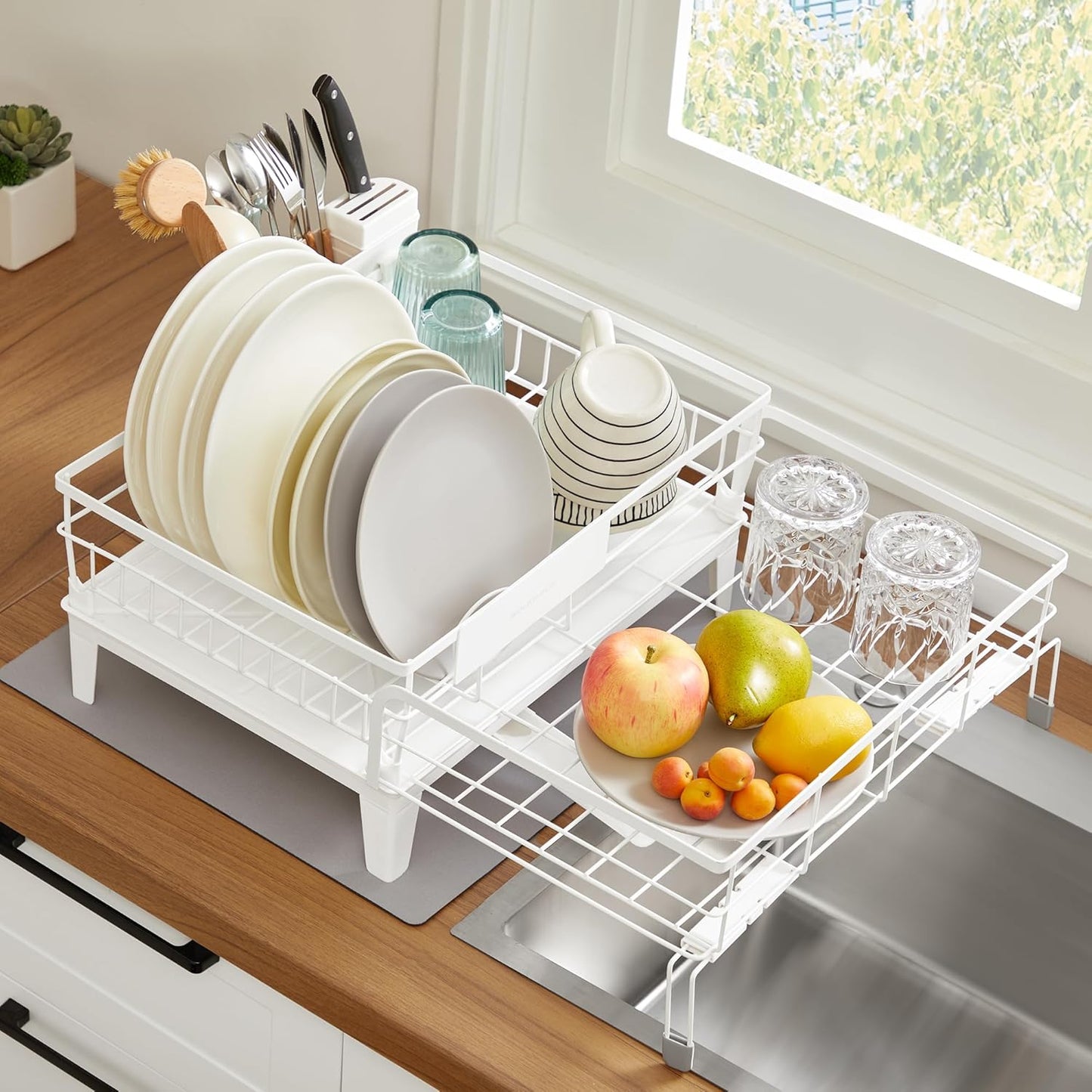 Dish Drying Rack, Kitchen Dish Rack, with Drainboard, 360° Rotatable and Extendable Spout, with Cutlery Holder, 12.2-22 X 16.5 X 7.9 Inches, Matte White and Dove Gray UKCS552W01