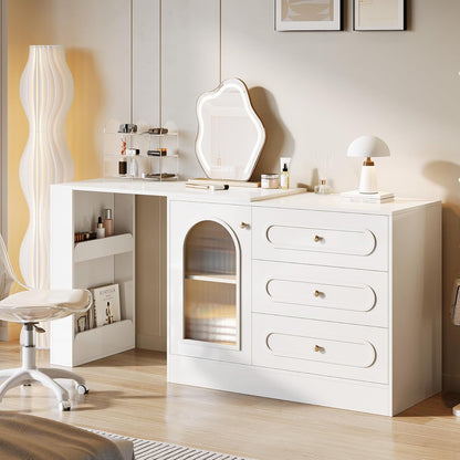 Corner Makeup Vanity Desk with 3 Drawers, 78" Modern L-Shaped Vanity Table with Reversible Cabinet, Extendable Dressing Table Combo with 1 Door for Women & Girls Bedroom (Without Mirror)