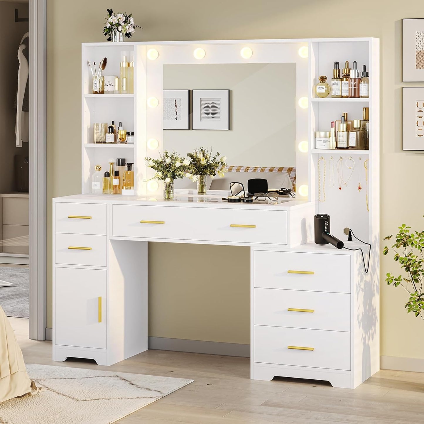 48.8'' Large Vanity Desk with Lighted Mirror & Power Outlet, White Makeup Vanity Table with 6 Drawers, 4 Shelves and 1 Storage Cabinet, Glass Tabletop Bedroom Dressing Table, 3 Lighting Modes