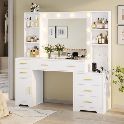 48.8'' Large Vanity Desk with Lighted Mirror & Power Outlet, White Makeup Vanity Table with 6 Drawers, 4 Shelves and 1 Storage Cabinet, Glass Tabletop Bedroom Dressing Table, 3 Lighting Modes