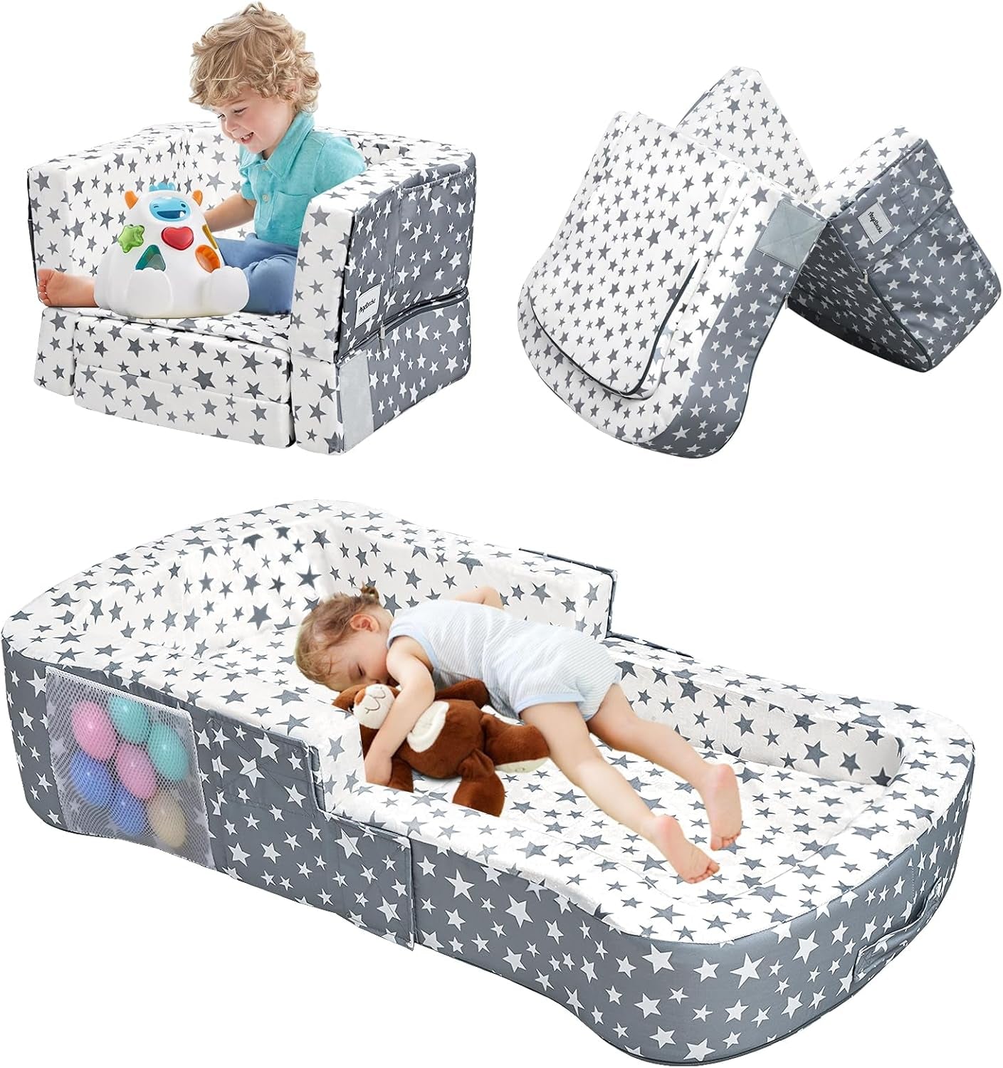 Toddler Travel Bed, Portable Toddler Bed & Chair 2-In-1 – Convertible Travel Crib with Storage Pockets, Built-Waterproof Oxford Cloth, Easy,Washable Covers,Soft Dutch Velvet (Stars Pattern)
