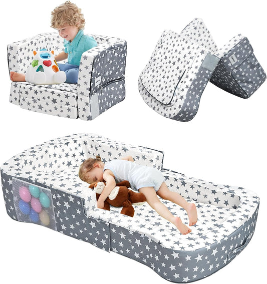 Toddler Travel Bed, Portable Toddler Bed & Chair 2-In-1 – Convertible Travel Crib with Storage Pockets, Built-Waterproof Oxford Cloth, Easy,Washable Covers,Soft Dutch Velvet (Stars Pattern)