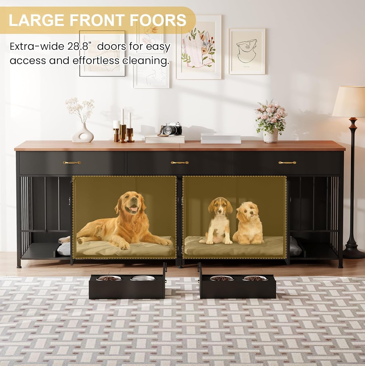 Large Dog Crate Furniture with Feeder, 91.5" Wooden Dog Kennel Furniture with 3 Drawer and Dog Bowls, Double Dog Crate TV Stand Table for Small Medium Large Dogs, Black