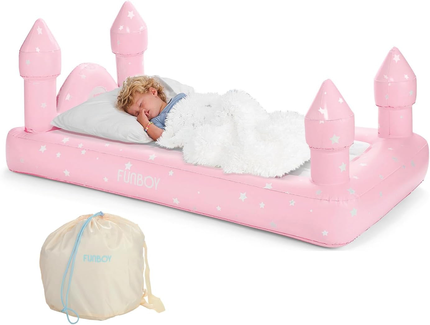 Kids Pink Castle Sleepover Travel Bed & Air Mattress. Perfect for Sleepovers. Includes Carrying Storage Bag, Twin