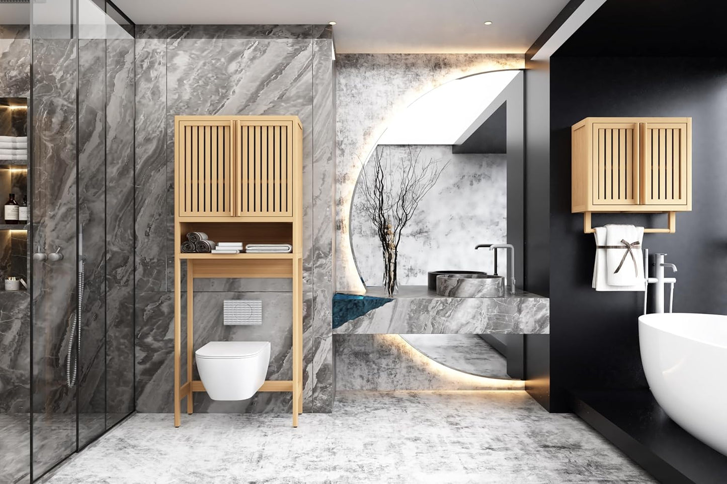 Bamboo over the Toilet Storage Cabinet - 67" Tall Freestanding Toilet Storage with 2 Doors & Open Shelf, Extra Large Capacity Space Saver for Bathroom, Laundry Room (Natural)