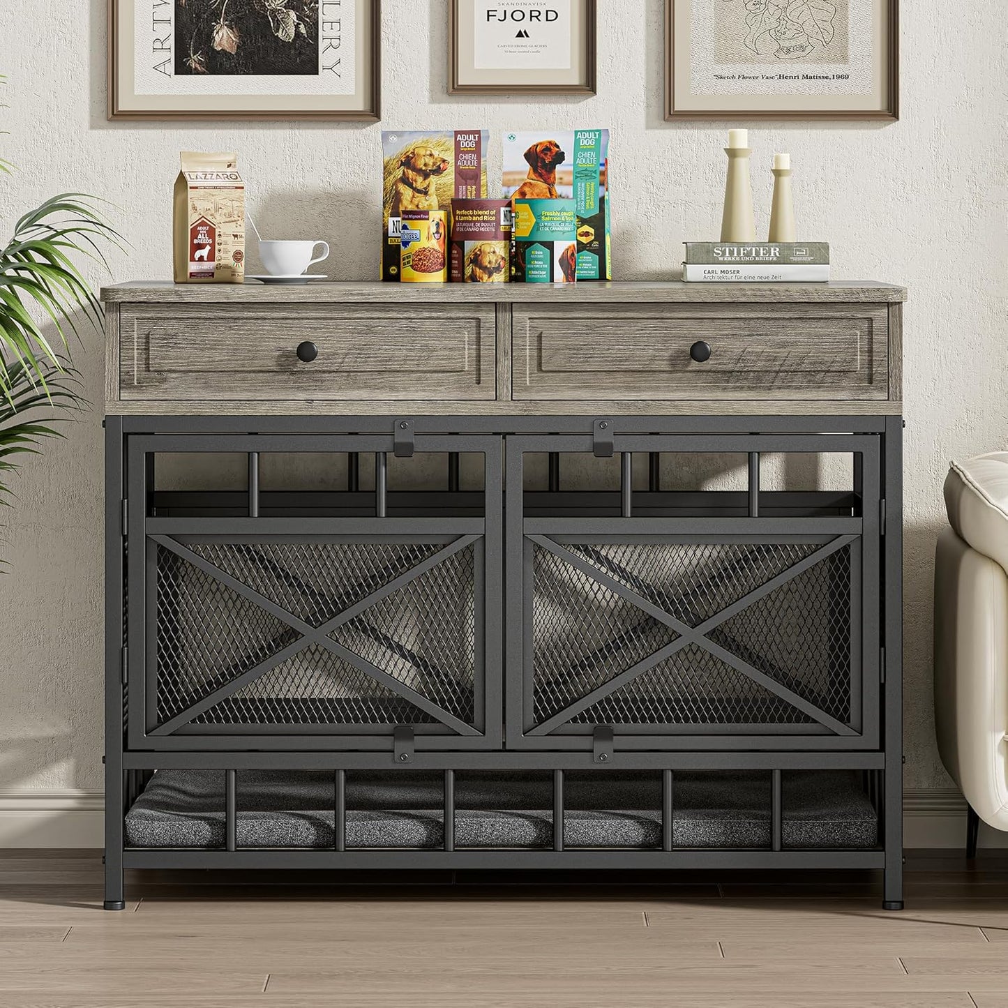 44 Inch Large Dog Crate Furniture, Wooden Dog Kennel with Storage Drawers for Medium/Large Dogs, Decorative Dogs Kennel Indoor, Rustic Brown