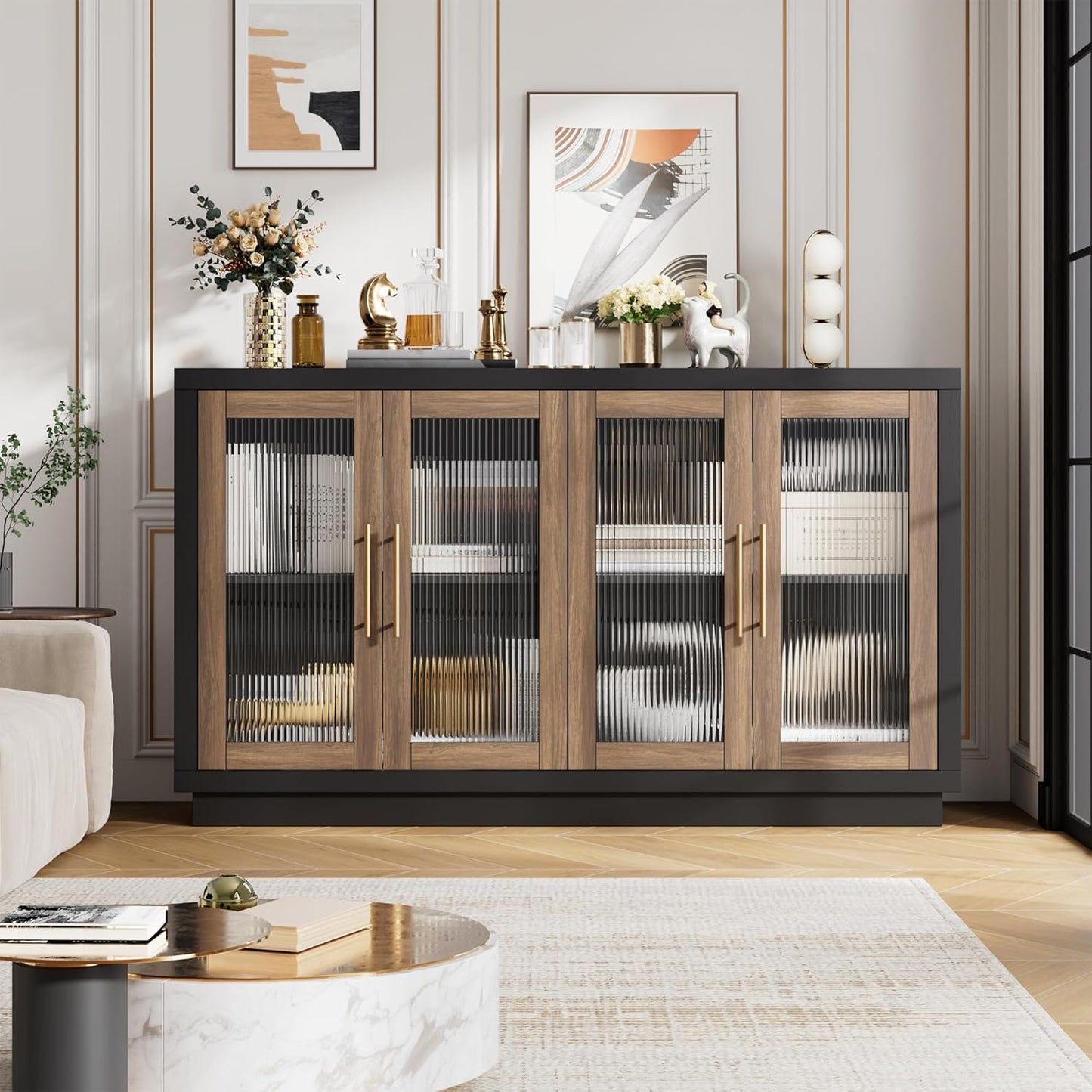 Buffet Cabinet with Storage, 55.1" Large Sideboard Buffet Table, Modern Sideboard Kitchen Cabinet with 4 Fluted Glass Doors, Wood Coffee Ba for Kitchen Dining Room, Black/Brown