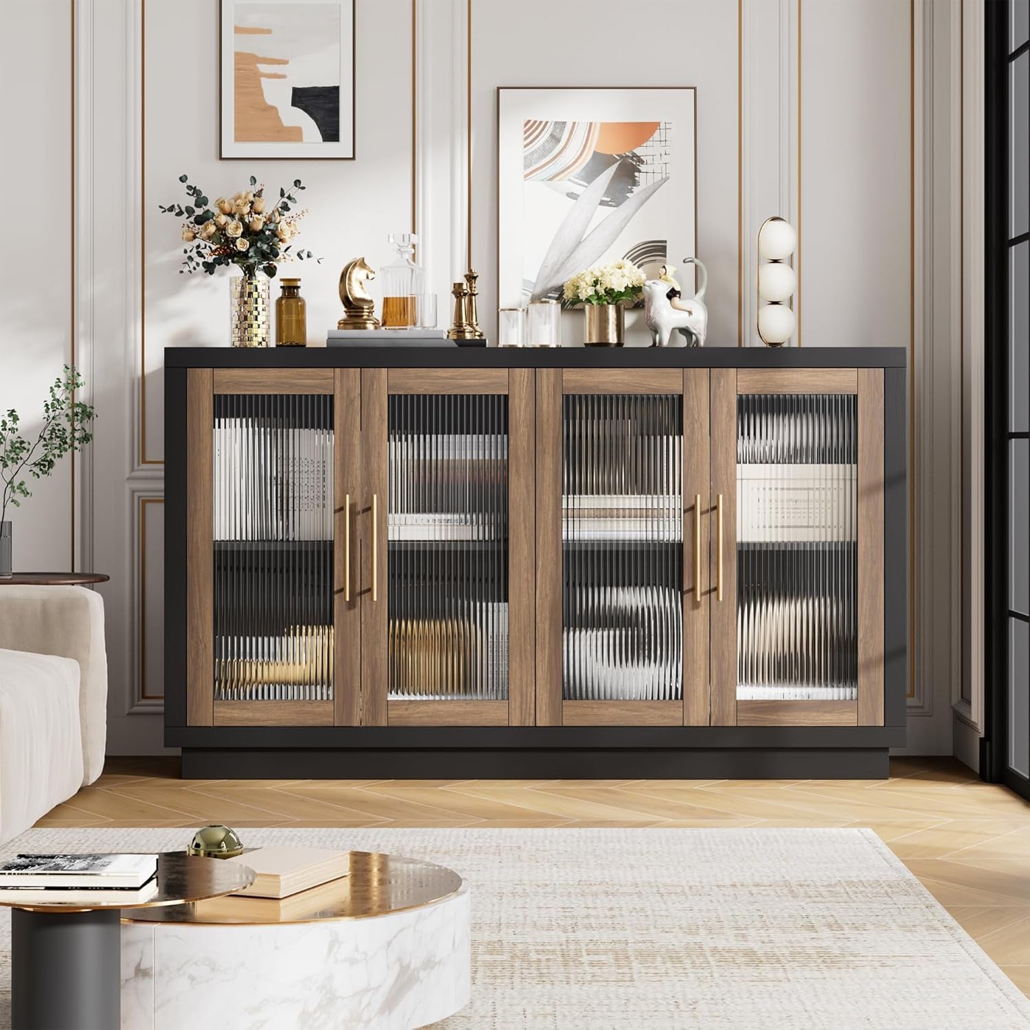 Buffet Cabinet with Storage, 55.1" Large Sideboard Buffet Table, Modern Sideboard Kitchen Cabinet with 4 Fluted Glass Doors, Wood Coffee Ba for Kitchen Dining Room, Black/Brown
