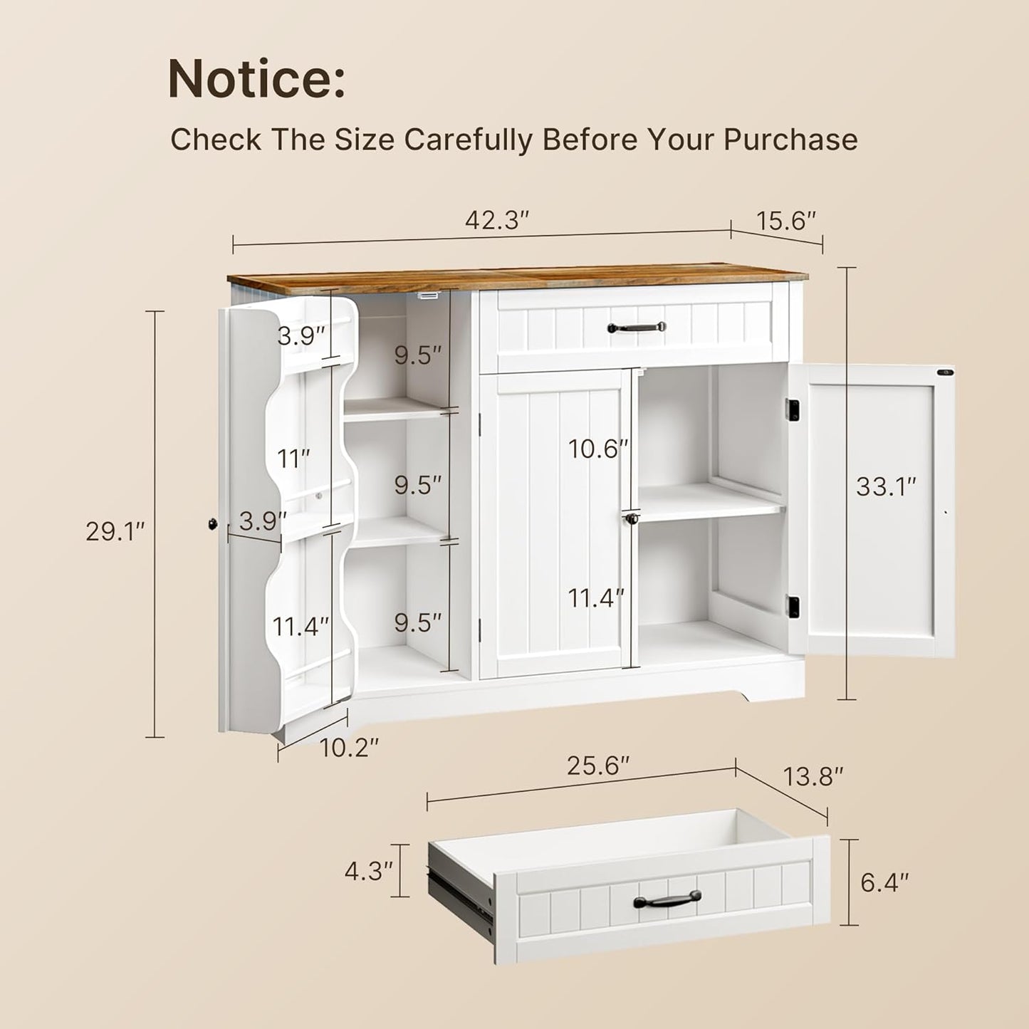 Kitchen Coffee Bar Cabinet with Storage Kitchen Sideboard Buffet Cabinet with Drawers, Short Pantry with Door and Shelves for Bathroom and Living Room, White and Rustic