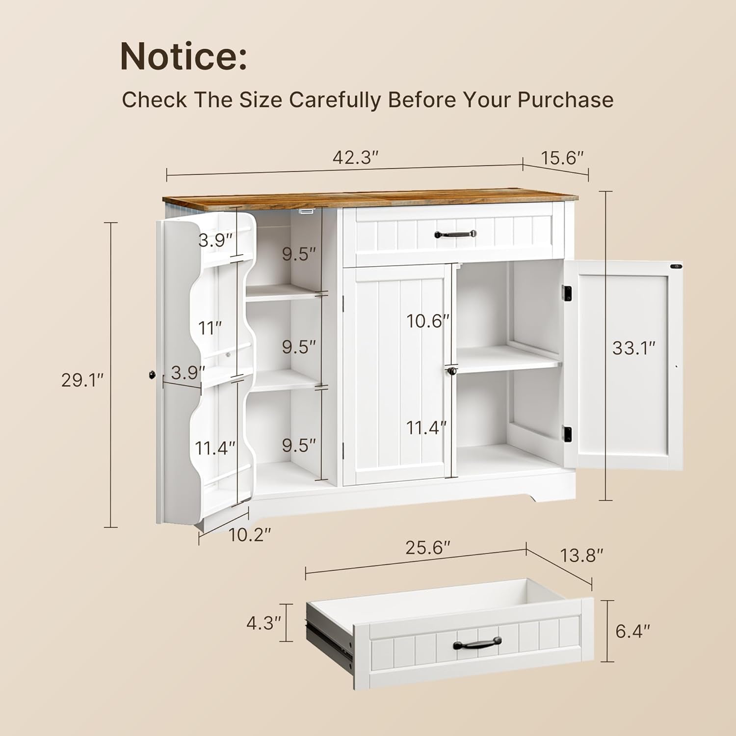Kitchen Coffee Bar Cabinet with Storage Kitchen Sideboard Buffet Cabinet with Drawers, Short Pantry with Door and Shelves for Bathroom and Living Room, White and Rustic