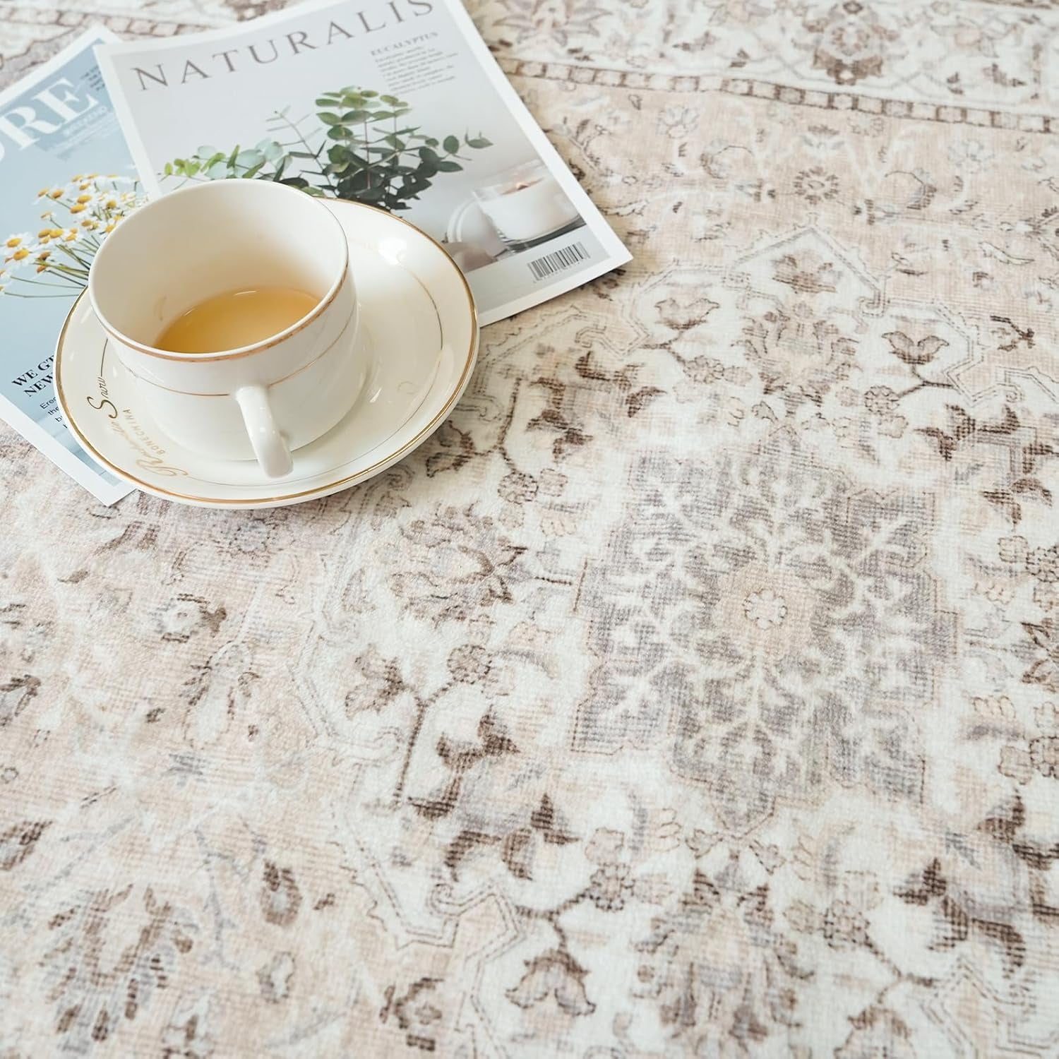 2X6 Hallway Washable Runner Rug : Vintage Soft Kitchen Laundry Runner with Non Slip Backing Farmhouse Entryway Living Room Floor Mat Stain Resistant Carpet for Bedroom Bathroom Distressed beside Rug