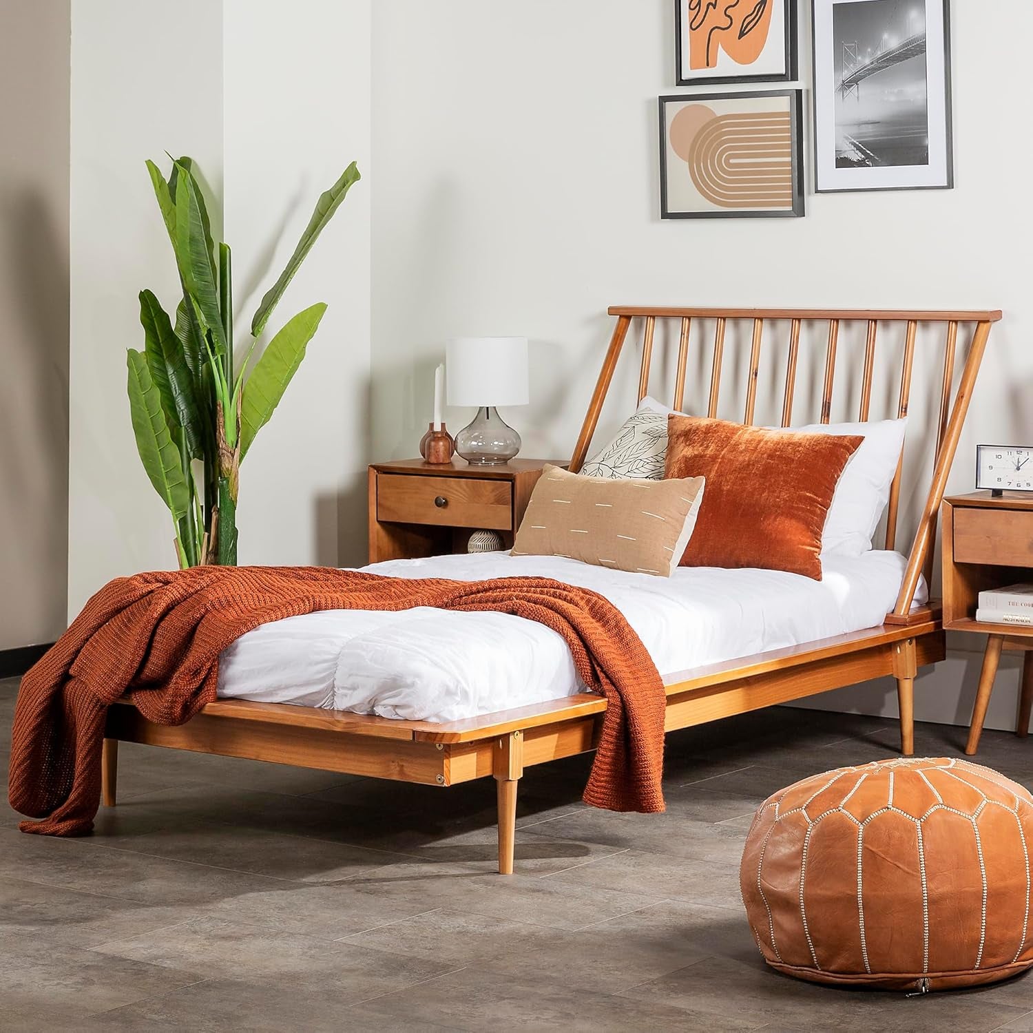 Mid Century Modern Solid Wood Spindle Platform Bed Headboard Footboard Bed Frame Bedroom, Twin, Caramel