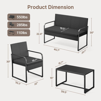 Black Wicker Furniture with Glass Coffee Table, 4 Piece Patio Furniture Set, Outdoor Rattan Conversation Set, for Backyard, Poolside, Porch, Lawn, Cushion-Black