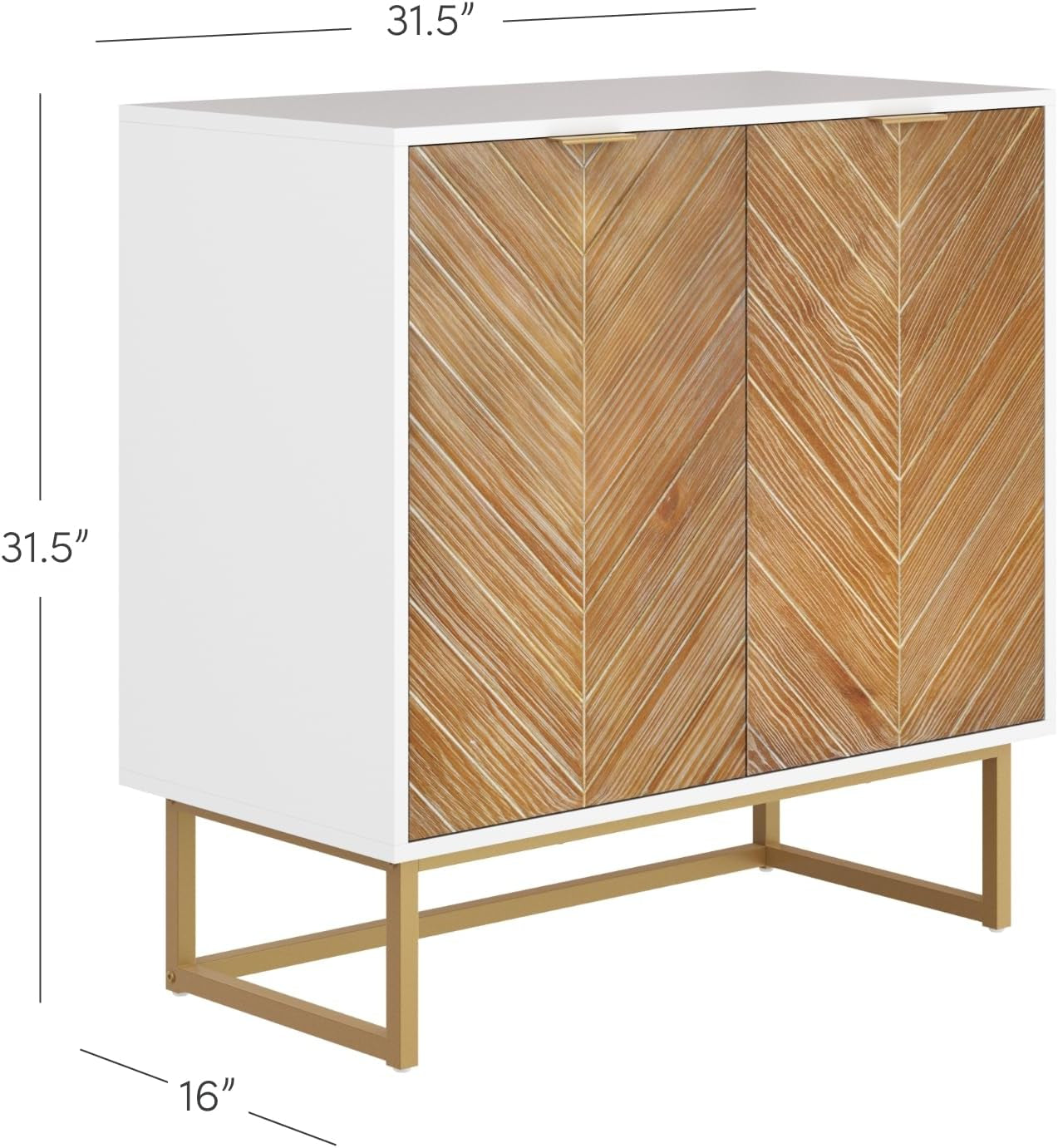 Enloe Modern Storage Free Standing Accent Cabinet White with Doors in a Rustic Pine Wood Finish and Gold Powder-Coated Metal Base for Hallway, Entryway or Living Room, Brown/White/Gold
