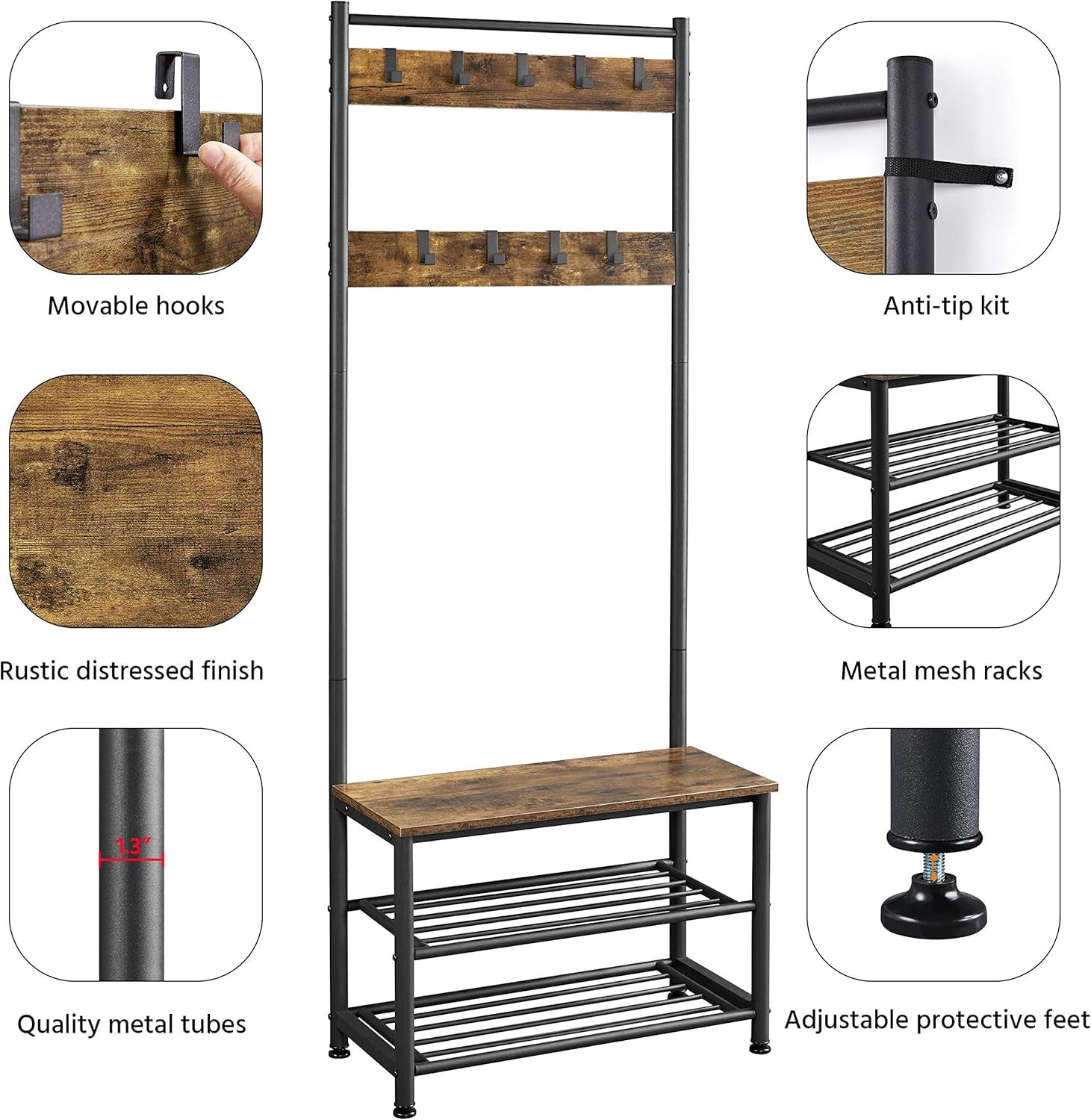 3-In-1 Hall Tree Coat Rack Shoe Bench with 9 Hooks and Storage Shelf, Industrial Entryway Storage Shelf Bench, Easy Assembly, Rustic Brown