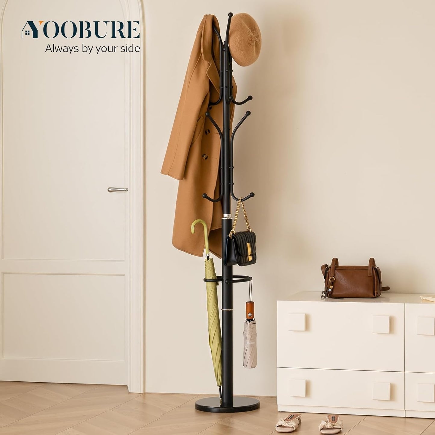 Metal Coat Rack Freestanding with Marble Base, Coat Tree with 12 Hooks & Umbrella Holder, Coat Hanger Stand for Corner Entryway Bedroom Office, Heavy Duty Coat Rack Stand for Clothes Hats Bags