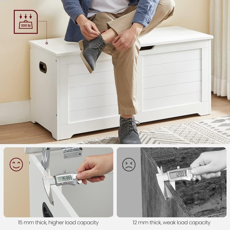Storage Chest, Storage Bench with 2 Safety Hinges, Farmhouse Style, 15.7 X 39.4 X 18.1 Inches, for Entryway, Bedroom, Living Room, Cloud White ULSB061T10