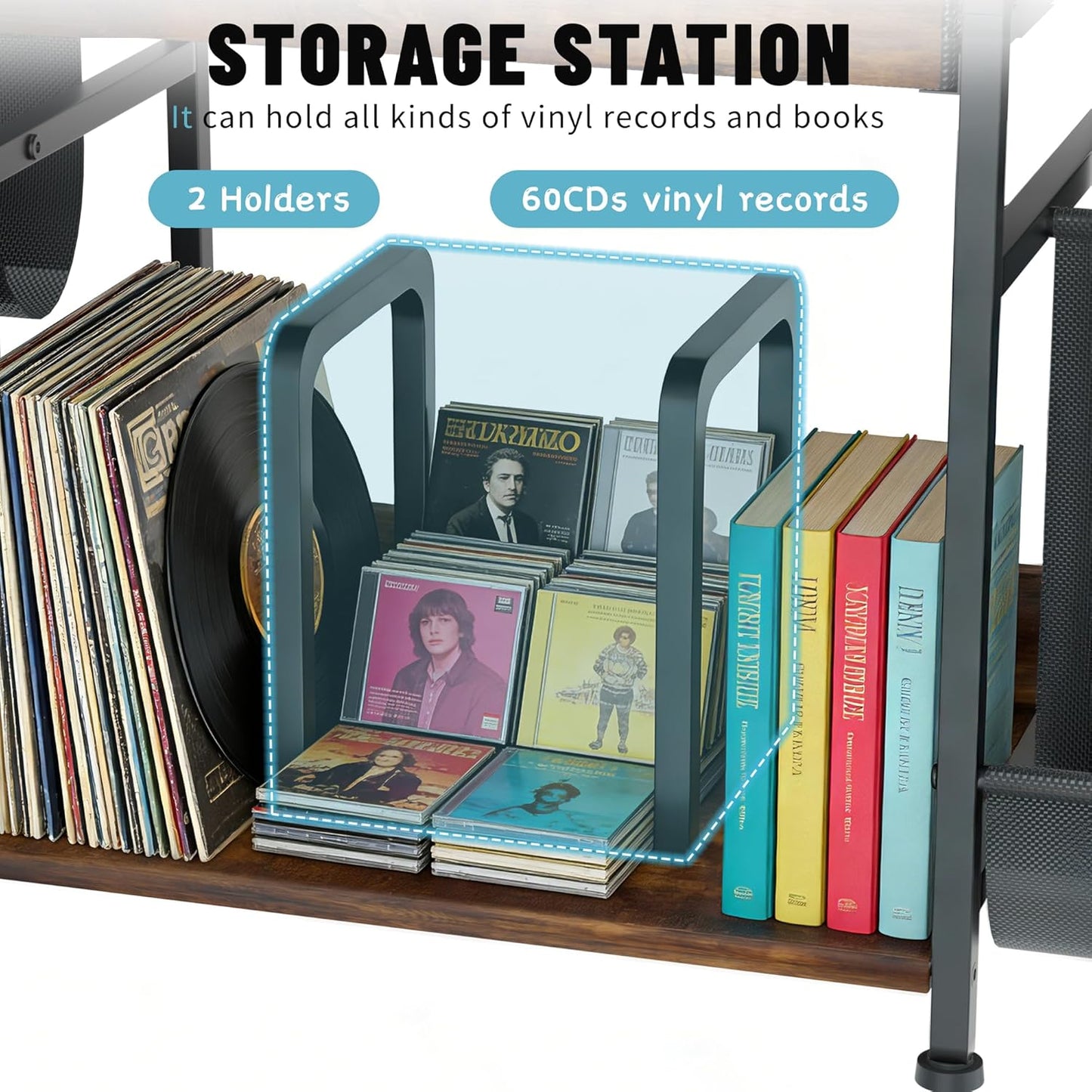 Record Player Stand, Turntable Stand W/Drawer, Oxford Cloth Vinyl Storage, 8 Adjustable Foot Pads for Stability, Record Player Table End Table for Living Room Bedroom Stereo