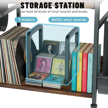Record Player Stand, Turntable Stand W/Drawer, Oxford Cloth Vinyl Storage, 8 Adjustable Foot Pads for Stability, Record Player Table End Table for Living Room Bedroom Stereo
