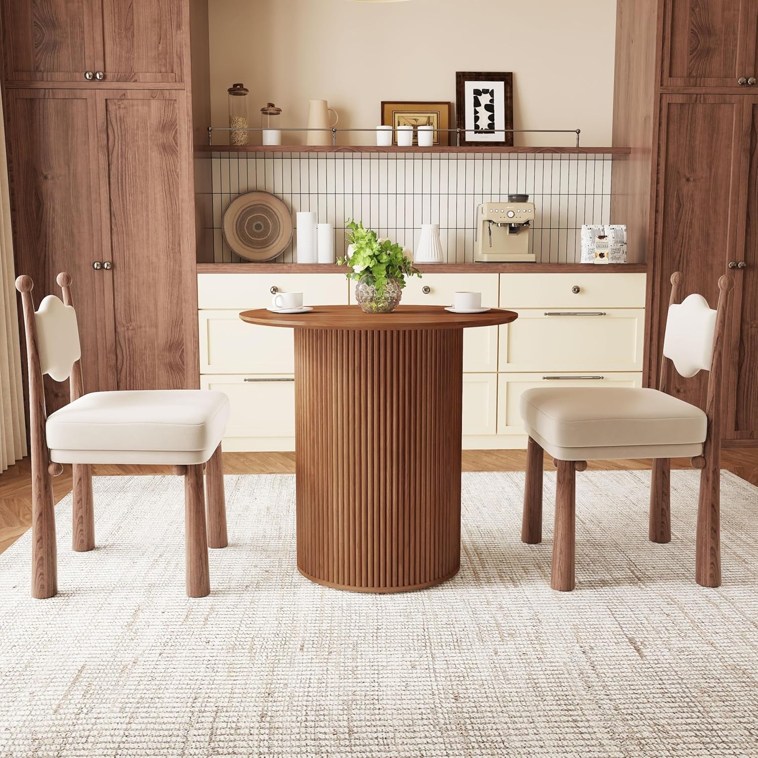 31.5" round Dining Table for 2 People, Small Kitchen Dinner Table with Fluted Wood Base, Farmhouse Circle Dining Tables for Home, Kitchen, Dining Room, Living Room (Walnut)