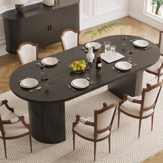70.8 Inch Dining Table for 4-8, Oval Dining Room Table with Curved Fluted Wood Strip Base, Mid-Century Modern Kitchen Tables with Footpads, Dinner Tables for Living Room, Dining Room, Black