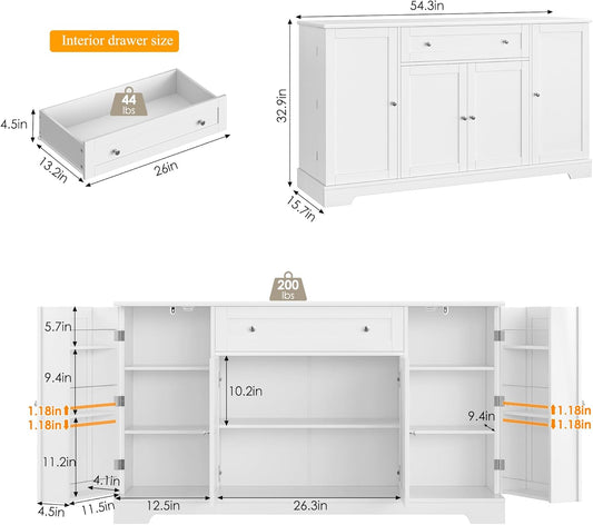 54" Buffet Cabinet with Storage, Modern Kitchen Buffet Sideboard with Drawer, Wood Coffee Bar Station with Adjustable Shelves, Kitchen Storage Cabinet for Living Room, White