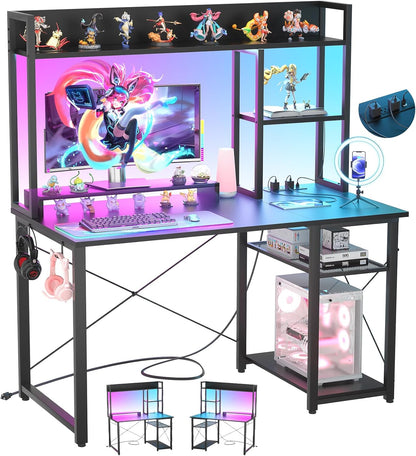 Gaming Desk with Hutch, 39'' Computer Desk with LED Lights & Power Outlets, Home Office Desk with Reversible 5 Tiers Storage Shelves & Monitor Stand, Small Gaming Table for Small Space, Black