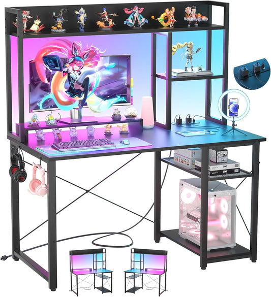 Gaming Desk with Hutch, 39'' Computer Desk with LED Lights & Power Outlets, Home Office Desk with Reversible 5 Tiers Storage Shelves & Monitor Stand, Small Gaming Table for Small Space, Black