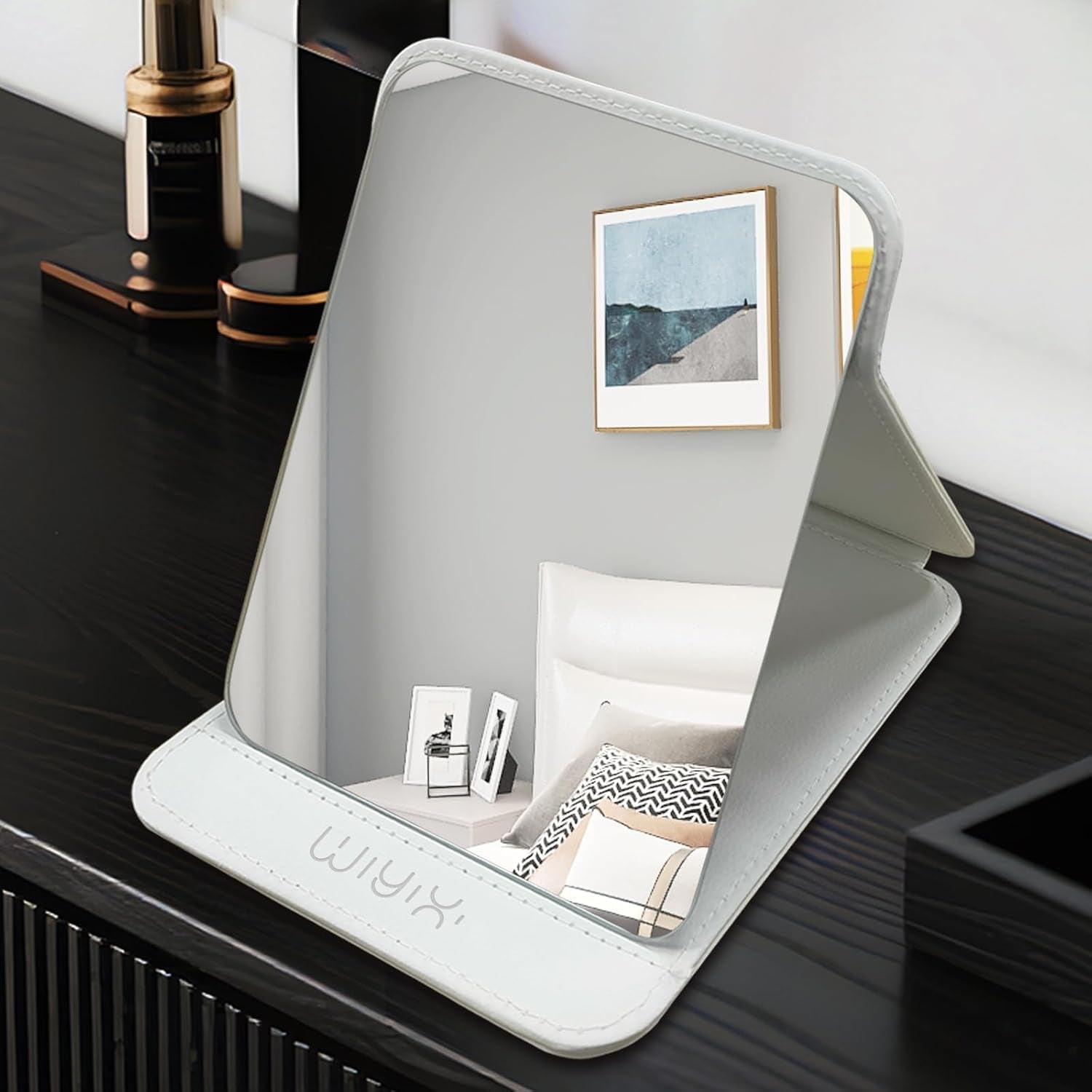 Foldable Travel Makeup Mirror, Adjustable Angle Portable Standing Vanity Mirror, Compact PU Leather Design for Home/Camping/Desktop Use,Elegant White(8.4"X6")