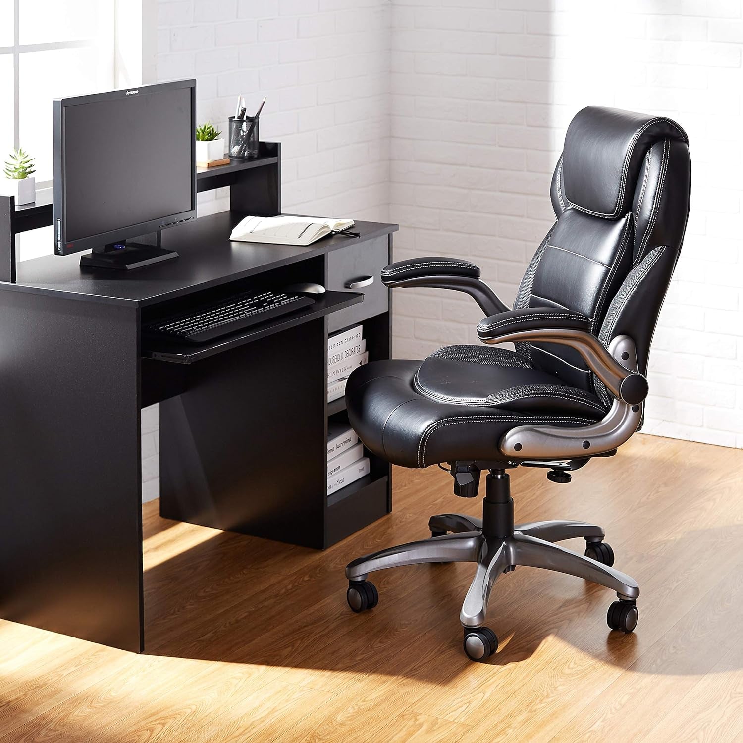 Ergonomic High-Back Office Chair with Flip-Up Arms and Lumbar Support, 29.5"D X 27.5"W X 44.75"H, Black