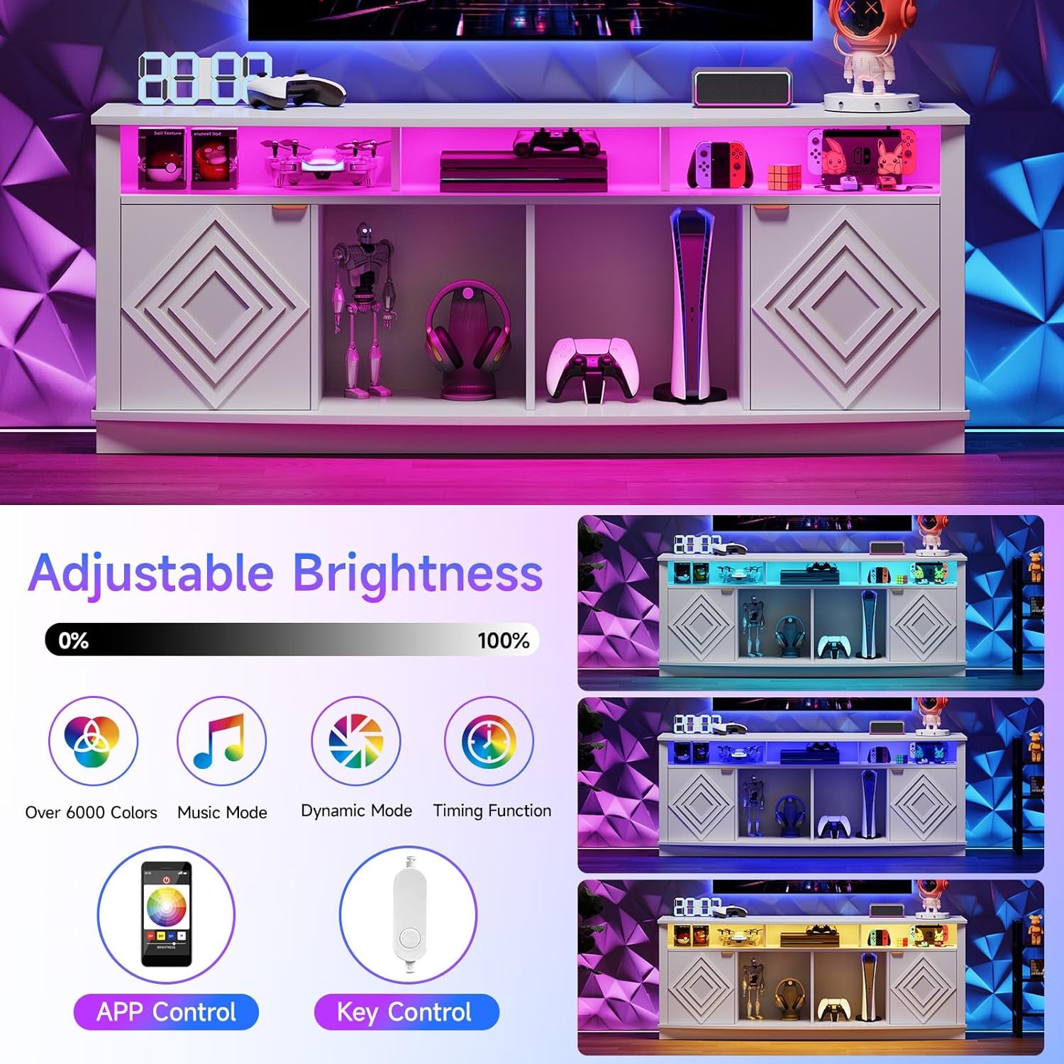 LED TV Stand for 80 Inch TV, Entertainment Center with Power Outlets, Modern TV Console Gaming Media Television Stands with Storage for Living Room, Bedroom, Gaming Room, 70 Inch, White