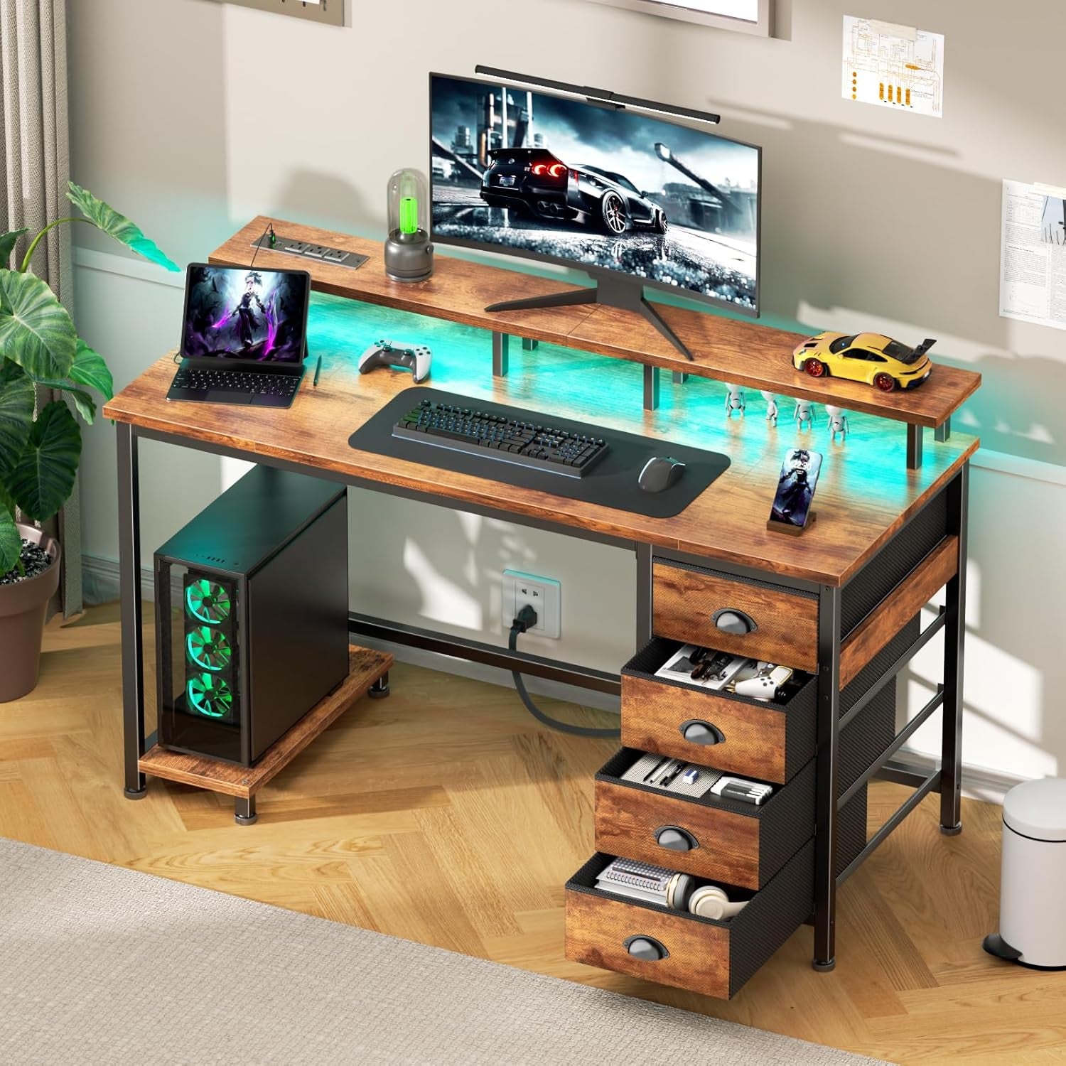 55" White Computer Desk with 4 Fabric Drawers & Monitor Stand, Gaming Desk with Power Outlets - LED Lights, Home Office Space-Saving Study Table for Bedroom Small Spaces