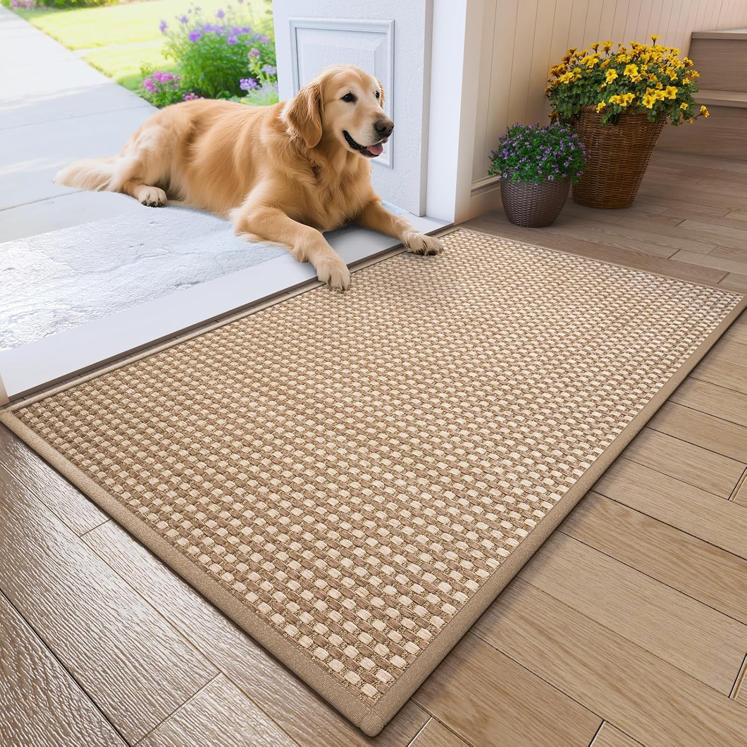 Front Door Mat 17''X30'', Absorbent Muddy Dirt Resist Washable Non Slip Low-Profile Indoor Doormat, Entryway Welcome Door Mats, Brown