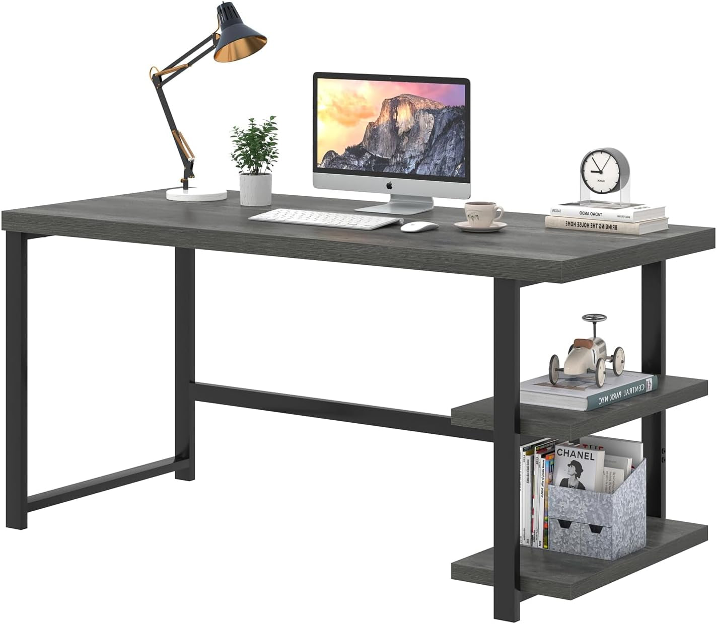 Industrial Computer Desk, Home Office Desk with Storage Shelves, Wood Study Writing Table for Bedroom, Living Room, Grey, 53 Inch
