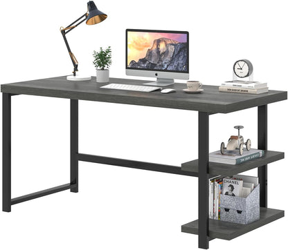 Industrial Computer Desk, Home Office Desk with Storage Shelves, Wood Study Writing Table for Bedroom, Living Room, Grey, 53 Inch