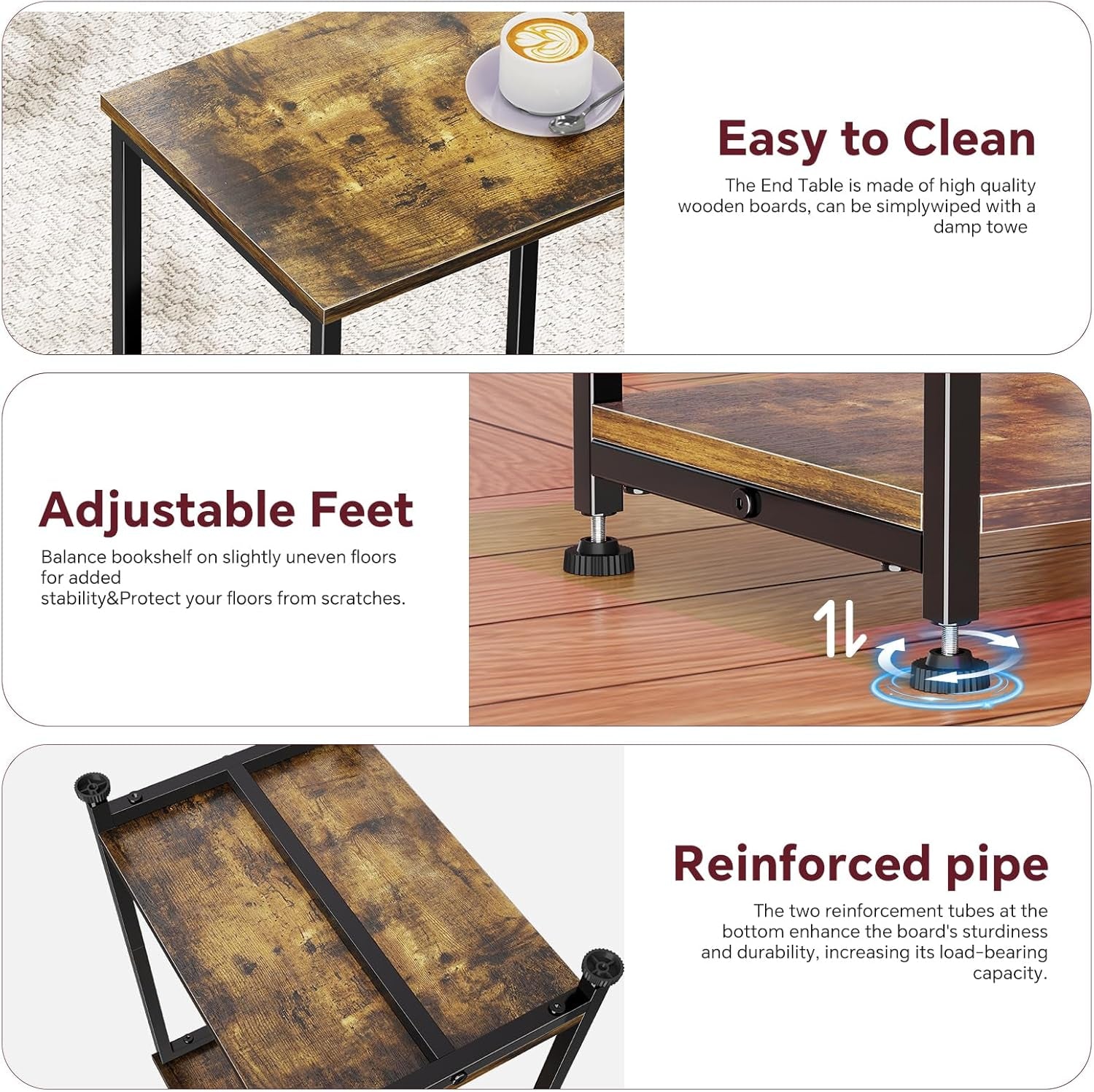 End Table, Side Table, Nightstand Set of 2, Living Room Couch Sofa Table for Small Space, Rustic Brown