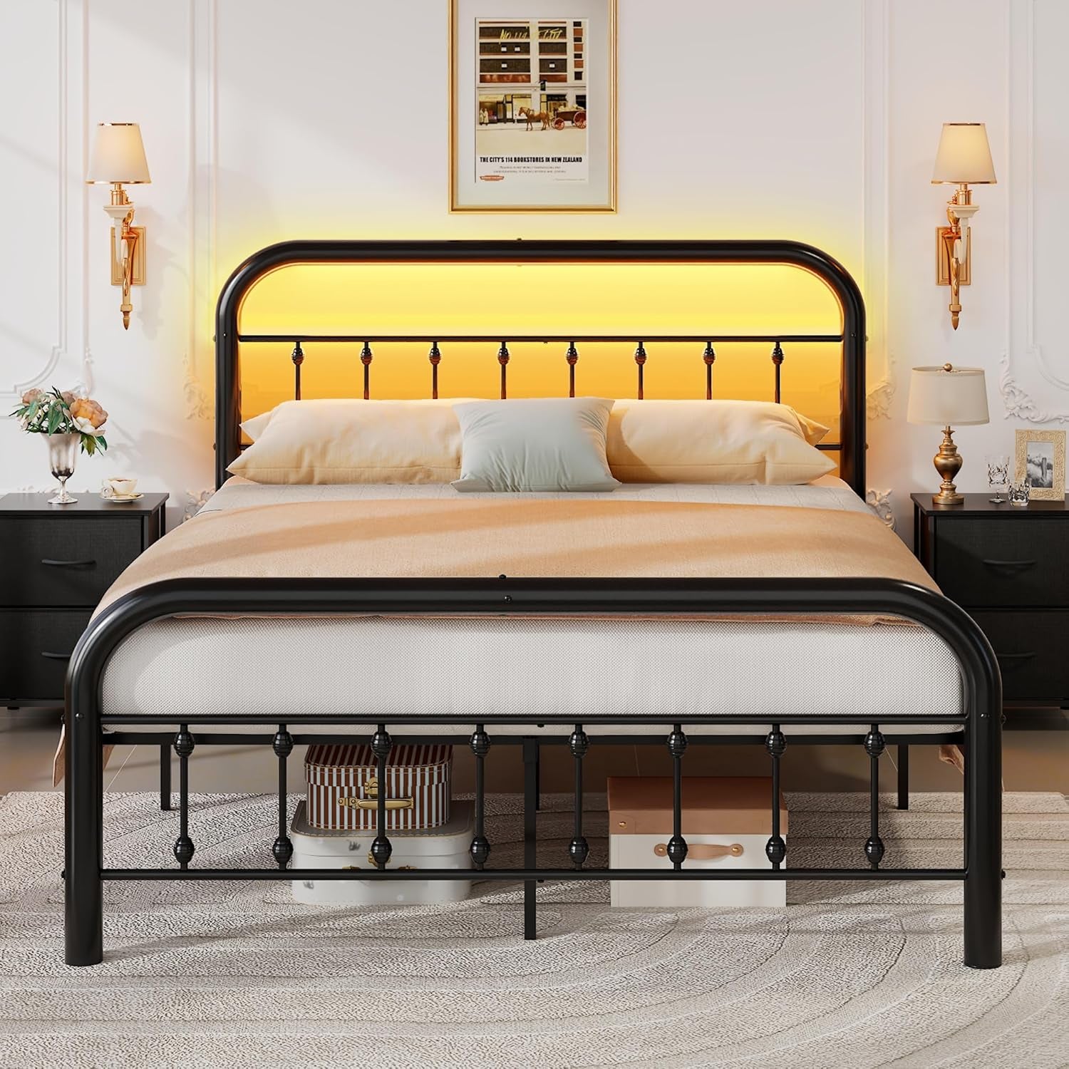 Queen Bed Frames,Queen Bed Frame with Headboard, Queen Size Bed Frame with LED Lights and Charging Station,No Box Spring Required,Easy Assembly,Black