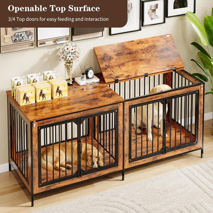 78.74" Double Dog Crate Furniture, Extra Large Dog Kennel Furniture Indoor, Heavy Duty Dog Cage for Medium and Large Dogs, Wooden Pet House as TV Stand, Brown