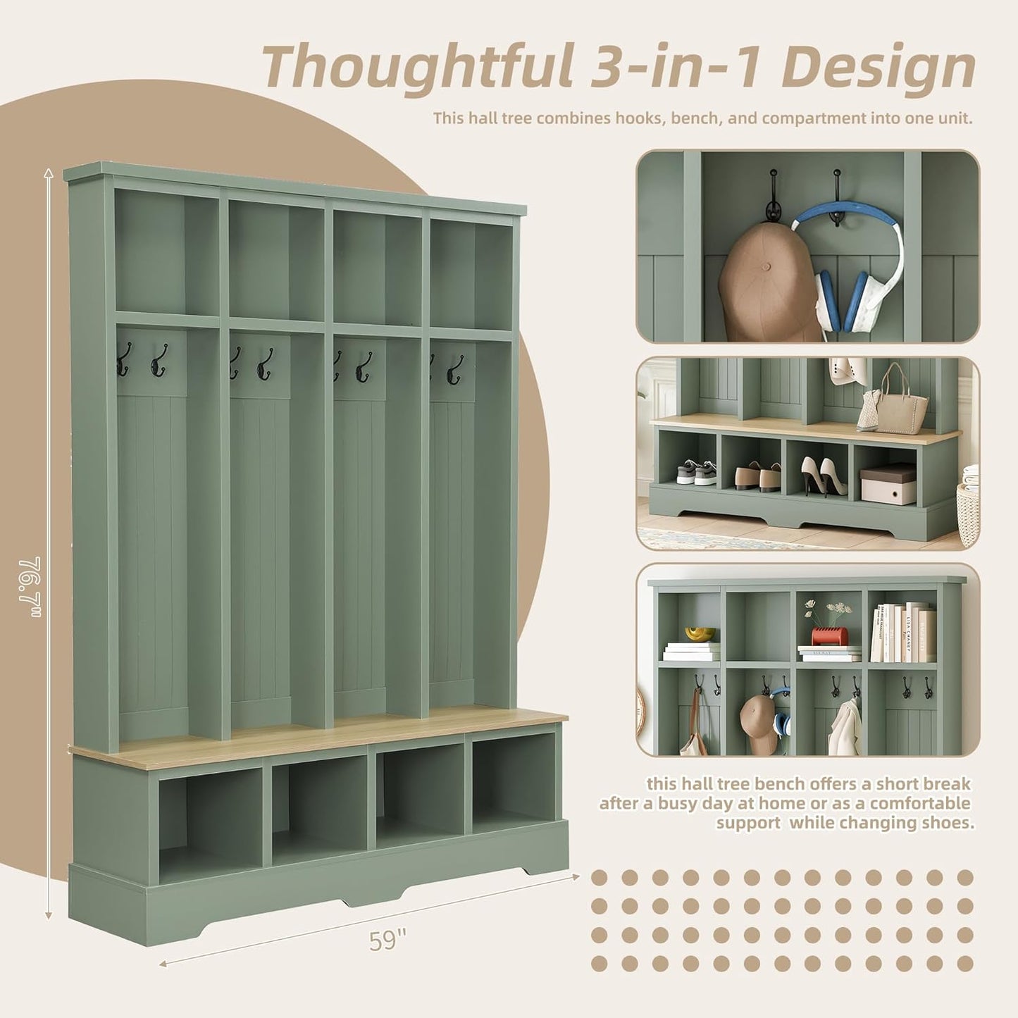 Farmhouse Hall Tree with Bench and Shoe Storage, 59" Entryway Bench with Coat Rack, 3-In-1 Hall Tree with Top Compartments and 8 Hooks for Hallway, Living Room, Green