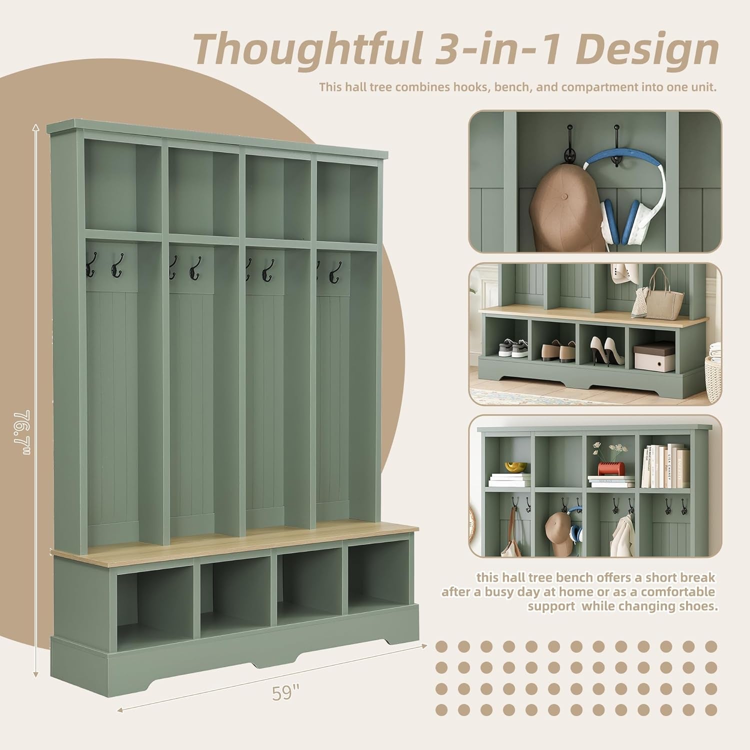 Farmhouse Hall Tree with Bench and Shoe Storage, 59" Entryway Bench with Coat Rack, 3-In-1 Hall Tree with Top Compartments and 8 Hooks for Hallway, Living Room, Green