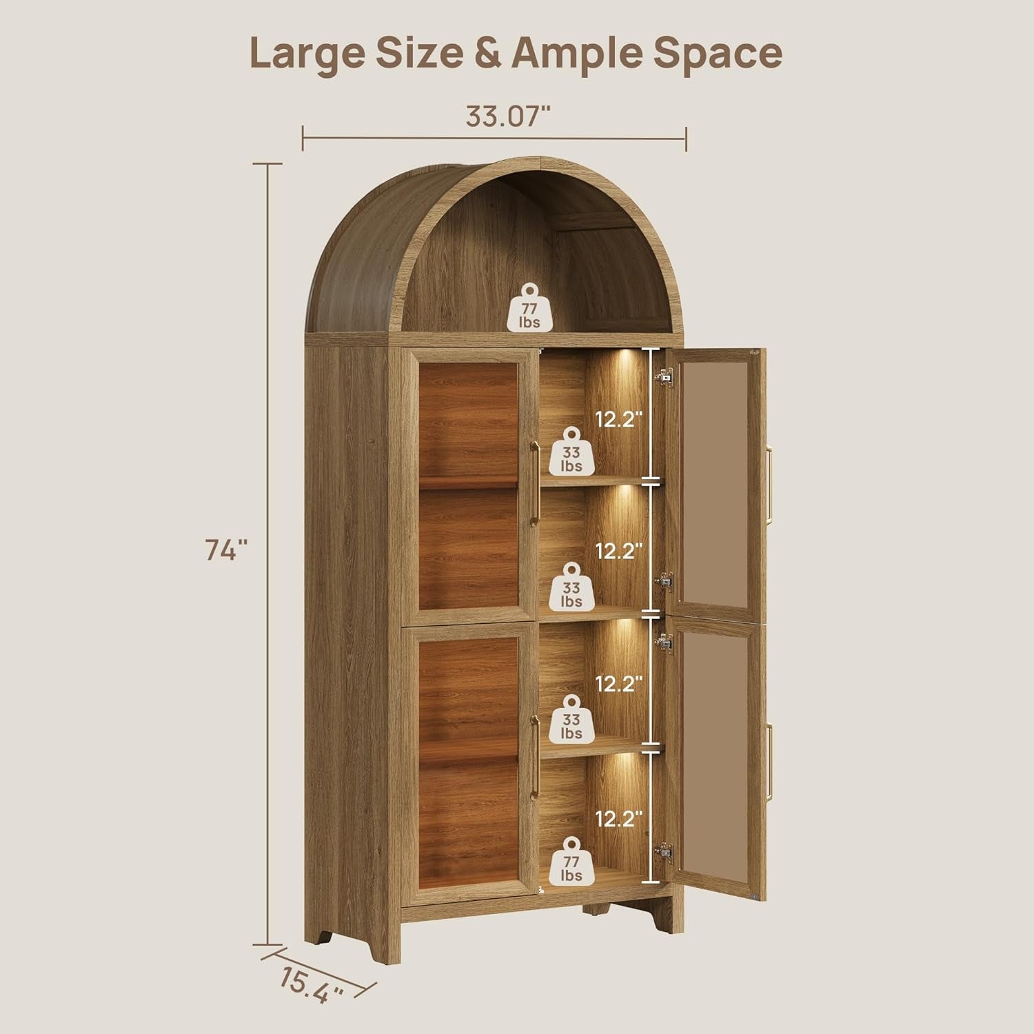 74" Display Cabinet with Glass Doors - Modern 5-Tier Arched Bookcase with Rechargeable 3-Color LED Lights & Motion Sensor, Large Pantry Cabinet for Kitchen, Living Room, Home Office, Brown Oak