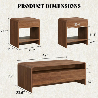 3-Piece Living Room Table Set, Includes Coffee Table & 2 End Tables, Modern Coffee Table Sets with Large Storage Drawers & Smooth Rounded Edges, Brown